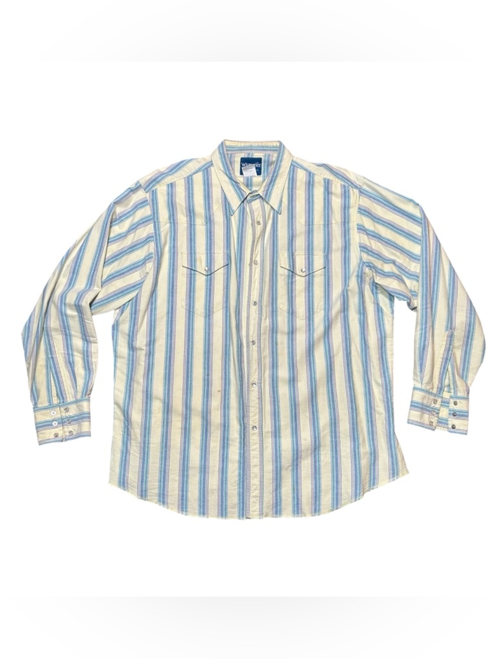 Wrangler Men's Pearl Snap Long Sleeve Western Shirt Blue Yellow 2XL Vintage
